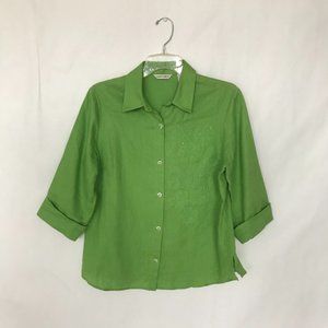 Laura Ashley Green on Green Embroidered Linen Blouse Size Medium